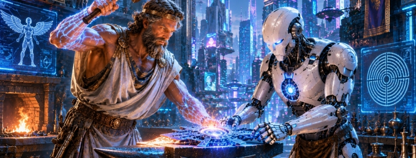 Dedalus with the help of an automaton forging an artifact