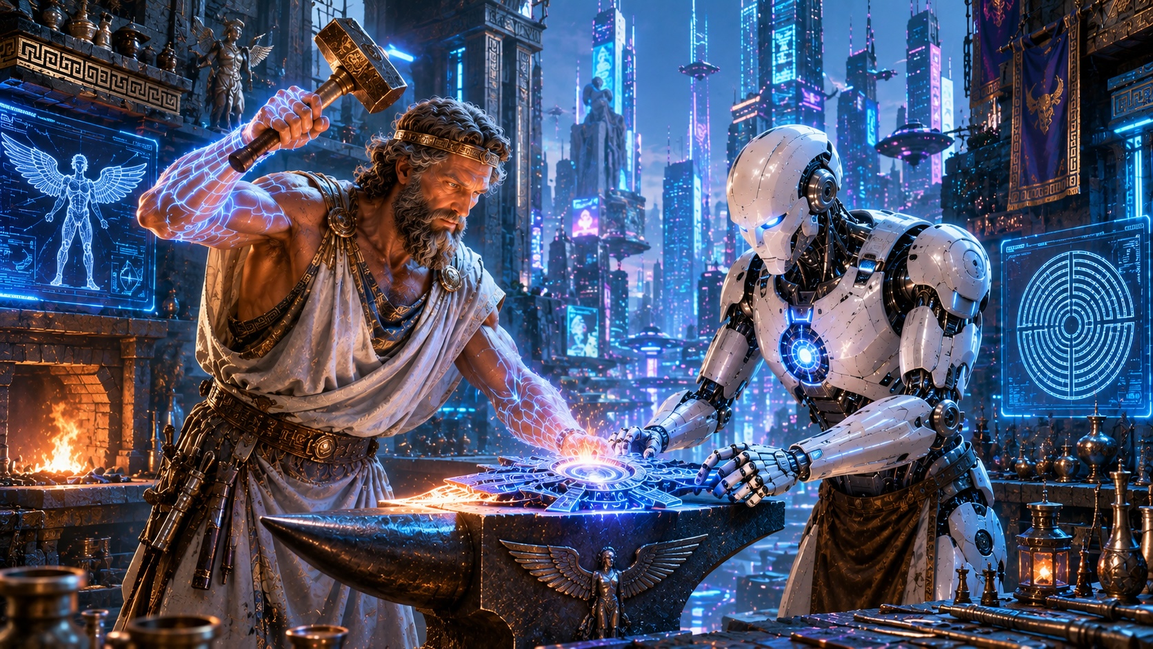 Dedalus with the help of an automaton forging an artifact